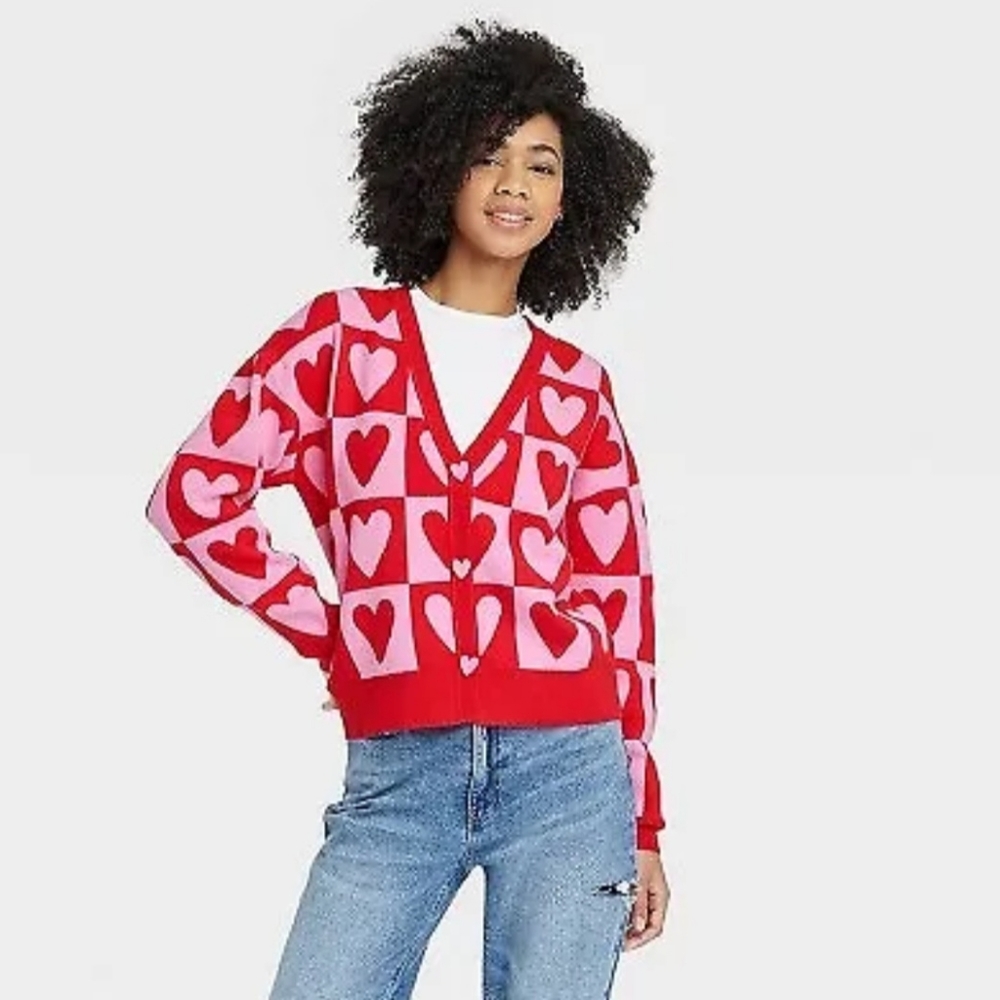 Women's Heart Postage Stamp Graphic Cardigan - Red
